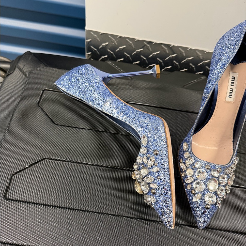 Miu Miu Sparkling Blue Heels with Crystal Embellishments - Picture 2 of 7